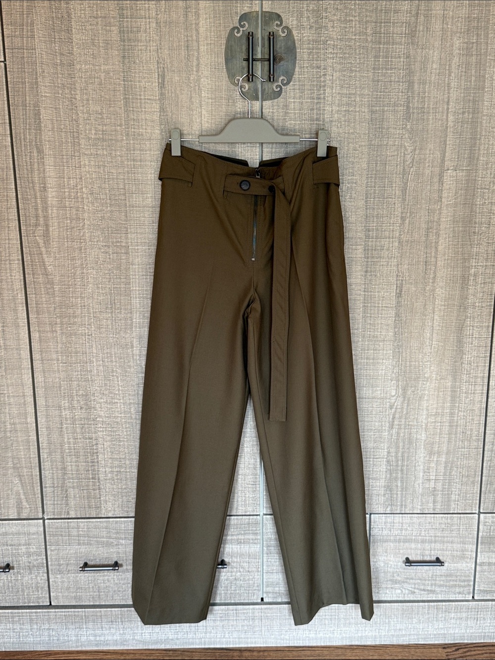 Zara Wool Blend Hunter Green High-rise Wide-leg Trousers